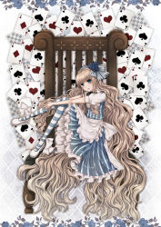 Rule 34 | 1girl, akatuki taku, alice (alice in wonderland), alice in wonderland, bad id, bad pixiv id, blonde hair, blue eyes, blush, bow, card, chair, dress, full body, hair bow, long hair, playing card, sitting, solo, striped clothes, striped thighhighs, thighhighs, very long hair