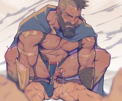 Rule 34 | 2boys, absurdres, anal, asymmetrical hair, bara, beard, blue cape, blush, cape, earrings, erection, facial hair, highres, holo eden, jewelry, large pectorals, league of legends, male focus, male penetrated, mohawk, multiple boys, muscular, muscular male, navel, nipples, pantheon (league of legends), pectorals, penis, scar, scar on chest, sex, sidecut, sitting, sitting on person, sweat, thick thighs, thighs, tied beard, undercut, very sweaty, yaoi