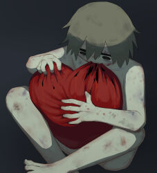 Rule 34 | 1boy, @ @, absurdres, avogado6, biting, black eyes, blood, blood on face, bruise, commentary, cuts, dark background, heart, highres, holding, holding heart, injury, male focus, nude, original, short hair, solo, teeth, toes