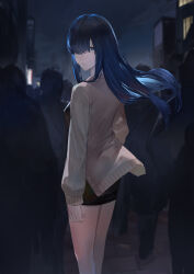 Rule 34 | 1girl, aoe nagi, blazpu, blue eyes, blue hair, building, cardigan, city, highres, leotard, long hair, long sleeves, looking at viewer, looking back, mole, mole under eye, multiple moles, night, night sky, one eye covered, open mouth, people, road, shounen no abyss, sky, street, thighs