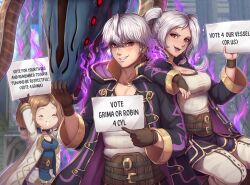 Rule 34 | 1boy, 2girls, absurdres, breasts, brown gloves, brown hair, cleavage, evomanaphy, fire emblem, fire emblem awakening, fire emblem heroes, gloves, grey hair, grima (fire emblem), grin, highres, kiran (female) (fire emblem), kiran (fire emblem), large breasts, long hair, looking at viewer, multiple girls, nintendo, open mouth, parted lips, possessed, possession, red eyes, robin (female) (fire emblem), robin (fire emblem), short hair, sign, sitting, slit pupils, smile, teeth, twintails