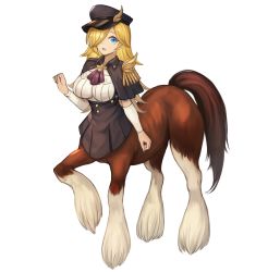 Rule 34 | 1girl, absurdres, blonde hair, blue eyes, breasts, buttons, centaur, centaur (monster girl encyclopedia), commentary, commission, english commentary, full body, hair over one eye, hat, highres, horse tail, long hair, looking at viewer, medium breasts, military, military uniform, monster girl, monster girl encyclopedia, open mouth, original, peaked cap, second-party source, simple background, solo, sookmo, tail, taur, uniform, white background