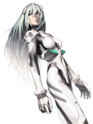 Rule 34 | 1girl, aged up, alternate hair length, alternate hairstyle, aqua hair, ayanami rei, bodysuit, from below, from side, highres, iwai ryou, long hair, neon genesis evangelion, plugsuit, realistic, simple background, solo, white background, white hair