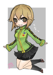 Rule 34 | 10s, 1girl, :d, @ @, amane shinobu, bike shorts, brown eyes, brown hair, cosplay, green jacket, hayasui (kancolle), highres, jacket, kantai collection, open mouth, persona, persona 4, pleated skirt, satonaka chie, satonaka chie (cosplay), short hair, shorts, shorts under skirt, skirt, smile, solo, track jacket, translation request