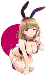 Rule 34 | 1girl, animal ears, arm support, bare shoulders, bikini, black footwear, blush, bow, bowtie, breasts, brown hair, bunny day, cleavage, closed mouth, detached collar, fake animal ears, fake tail, full body, index finger raised, kneeling, large breasts, leotard, looking at viewer, medium hair, nakajima yuka, one eye closed, original, playboy bunny, purple bikini, purple eyes, rabbit ears, rabbit tail, red bow, red bowtie, simple background, smile, solo, swimsuit, tail, thigh strap, thighs, white background, wrist cuffs