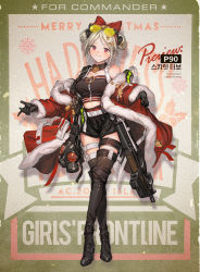 Rule 34 | 1girl, ammunition, armor-piercing ammunition, bare shoulders, bell, belt, black footwear, black gloves, black shorts, black thighhighs, blonde hair, blush, boots, bow, breasts, buckle, bullet, bullpup, character name, choker, closed mouth, coat, coat lift, collarbone, crossed legs, double bun, eyewear on head, fn 5.7x28mm, full body, fur-trimmed coat, fur trim, gas mask, girls&#039; frontline, gloves, gun, hair bow, hair bun, hair ornament, high heel boots, high heels, horizontal magazine, jingle bell, lm7 (op-center), looking at viewer, mask, off shoulder, official alternate costume, official art, open clothes, open coat, p90, p90 (girls&#039; frontline), p90 (scarlet turbo) (girls&#039; frontline), pdw cartridge, personal defense weapon, pistol cartridge, red bow, red coat, red eyes, see-through, short shorts, shorts, smile, snap-fit buckle, solo, standing, star (symbol), star hair ornament, strap, strapless, submachine gun, sunglasses, sunglasses on head, supersonic ammunition, thigh boots, thigh strap, thighhighs, translucent, tube top, watson cross, weapon