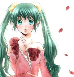 Rule 34 | 1girl, bare shoulders, blush, clenched hand, flower, green eyes, green hair, hatsune miku, izumi chiro, looking at viewer, matching hair/eyes, petals, rose, simple background, solo, tears, twintails, vocaloid, white background