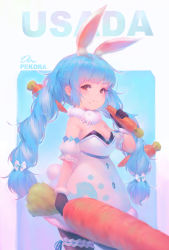 Rule 34 | 1girl, andychen, animal ear fluff, animal ears, black gloves, black pantyhose, blue hair, blush, bow, braid, breasts, carrot, carrot hair ornament, character name, closed mouth, commentary request, cowboy shot, detached sleeves, dress, eating, food, food-themed hair ornament, food on face, gloves, hair bow, hair ornament, highres, holding, holding carrot, holding food, hololive, long hair, looking at viewer, medium breasts, oversized food, oversized object, pantyhose, rabbit ears, rabbit girl, rabbit tail, red eyes, simple background, solo, standing, thick eyebrows, twin braids, twintails, usada pekora, usada pekora (1st costume), very long hair, virtual youtuber, white bow, white dress