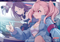 2girls ange_(synduality) armband bare_shoulders bodysuit center-flap_bangs cockpit cropped_jacket cropped_torso ellie_(synduality) forehead hair_ornament hairband hairclip jacket long_hair looking_at_another magus_(synduality) mechanical_collar mishima_hiroji multiple_girls off-shoulder_jacket off_shoulder official_art one_eye_closed open_clothes open_jacket pink_hair purple_eyes purple_hair red_armband sitting sleeveless sleeveless_bodysuit stuffed_animal stuffed_rabbit stuffed_toy synduality synduality_ellie_(manga) tank_top thumbs_up twintails