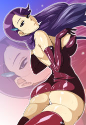 Rule 34 | 10s, 1girl, ass, breasts, cleavage, dress, enoshima iki, covered erect nipples, heartcatch precure!, latex, long hair, looking back, precure, purple hair, short dress, solo, sweat, thighhighs, tsukikage yuri