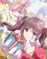 Rule 34 | 10s, 1girl, brown hair, cream, food, foreshortening, frills, gift, giving, gloves, green eyes, hair bobbles, hair ornament, head rest, high heels, long hair, looking at viewer, lying, official art, okamoto miyu, on stomach, religious offering, smile, solo, sweets, twintails, wake up girls!, wake up girls! stage no tenshi, white gloves