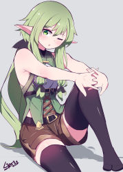 Rule 34 | 10s, 1girl, ;o, absurdres, armpits, bare shoulders, blush, bow, elf, gar32, goblin slayer!, green eyes, green hair, hair bow, high elf archer (goblin slayer!), highres, interlocked fingers, low ponytail, one eye closed, open mouth, pointy ears, shorts, sidelocks, sitting, sleeveless, solo, thighhighs