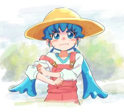 Rule 34 | 10s, 1girl, alternate costume, alternate hairstyle, ammonio, blue eyes, blue hair, blush, clenched hand, closed mouth, frown, happinesscharge precure!, hat, long hair, long sleeves, looking at viewer, matching hair/eyes, overalls, precure, puffy cheeks, shirayuki hime, shirt, solo, twintails, white shirt