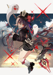 Rule 34 | 1girl, amakawa sakko, black coat, black hat, black shorts, boo tao (genshin impact), brown footwear, brown hair, cloud, coat, coattails, flower, flower-shaped pupils, from behind, full body, genshin impact, ghost, hair between eyes, hat, hat flower, high heels, highres, holding, holding staff, hu tao (genshin impact), jewelry, long bangs, long hair, long sleeves, looking at viewer, looking back, multiple rings, open mouth, outside border, plum blossoms, red eyes, red flower, ring, shoes, short shorts, shorts, sidelocks, socks, solo, sparkle, staff, staff of homa (genshin impact), symbol-shaped pupils, twintails, very long hair, white socks