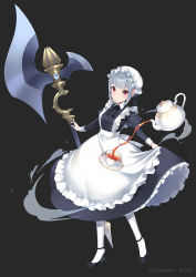 Rule 34 | 1girl, absurdres, anotherxalice, apron, axe, battle axe, black dress, closed mouth, cup, dress, frilled apron, frilled dress, frills, full body, grey hair, hat, high heels, highres, juliet sleeves, long dress, long sleeves, maid, maid apron, mary janes, mob cap, nyasunyadoora, original, pantyhose, petticoat, pointy ears, puffy sleeves, red eyes, shoes, short hair, simple background, sleeve cuffs, solo, tachi-e, teacup, teapot, victorian maid, waist apron, weapon, white apron, white background, white pantyhose