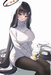 Rule 34 | 1girl, alternate costume, black hair, black pantyhose, blue archive, breasts, cup, hair ornament, hairclip, halo, hato haru, highres, holding, holding cup, hot drink, large breasts, long hair, pantyhose, red eyes, rio (blue archive), sitting, sweater, turtleneck, turtleneck sweater, white sweater