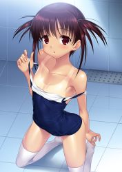 Rule 34 | 1girl, :o, bare shoulders, blush, brown hair, flat chest, highres, kneeling, one-piece swimsuit, red eyes, saki (manga), school swimsuit, shiny clothes, skindentation, solo, strap pull, strap slip, suzume inui, swimsuit, tan, tanline, thighhighs, usuzumi hatsumi