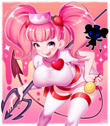 Rule 34 | 1girl, blunt bangs, blush, border, braid, breasts, candy, demon tail, dress, eyelashes, eyeshadow, food, food-themed hair ornament, grey eyes, hair ornament, hat, heart, holding, holding candy, holding food, holding lollipop, holding trident, kiri futoshi, large breasts, lollipop, makeup, milk (pop&#039;n music), nurse, nurse cap, pink dress, pink eyeshadow, pink hair, polearm, pop&#039;n music, red nails, signature, solo, sparkle, strawberry hair ornament, tail, thighhighs, tongue, tongue out, trident, twin braids, weapon, white border, white thighhighs