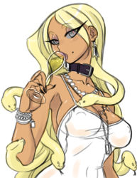 Rule 34 | 1girl, alcohol, ari laharis, bare shoulders, black sclera, blonde hair, bracelet, breasts, champagne, collar, colored sclera, covered erect nipples, crybringer, dark-skinned female, dark skin, demon mages, dress, drinking, earrings, eyelashes, fingernails, glass, grey eyes, jewelry, large breasts, lips, lipstick, long fingernails, long hair, lots of jewelry, makeup, mole, necklace, no bra, original, pearl necklace, scar, simple background, sketch, snake hair, solo, spaghetti strap, upper body, white background, white dress