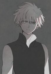 Rule 34 | 1boy, bad id, bad twitter id, bare shoulders, expressionless, greyscale, heterochromia, looking at viewer, male focus, messy hair, monochrome, rii2a77ru, shirt, simple background, sleeveless, sleeveless shirt, solo, tsubasa chronicle, upper body, xiaolang