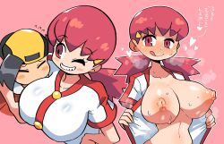 Rule 34 | 1boy, 1girl, absurdres, backwards hat, black hair, blush, breasts, closed eyes, creatures (company), ethan (pokemon), game freak, grin, hair ornament, hairclip, hat, heart, hetero, highres, large breasts, low twintails, naughty face, navel, nintendo, nipples, one eye closed, open clothes, pink eyes, pink hair, pokemon, pokemon hgss, rariatto (ganguri), shiny skin, smile, steaming body, sweat, tongue, tongue out, translation request, twintails, undressing, whitney (pokemon)