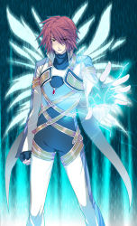 Rule 34 | 00s, 1boy, belt, coat, gloves, highres, hozumi (8/1), kratos aurion, lightning, magic, male focus, messy hair, official alternate costume, pants, red hair, serious, solo, spoilers, tales of (series), tales of symphonia, trenety, wings, yellow eyes