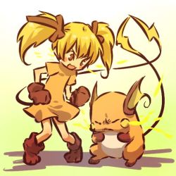 Rule 34 | &gt;:3, &gt; &lt;, 1990s (style), 1girl, :3, blonde hair, blush stickers, brown eyes, closed eyes, creatures (company), electricity, game freak, gen 1 pokemon, gloves, hitec, lightning, long hair, moemon, nintendo, open mouth, personification, pokemon, pokemon (creature), pokemon rgby, raichu, retro artstyle, simple background, standing, tail, twintails, v-shaped eyebrows