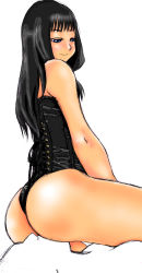 Rule 34 | 1boy, 1girl, ass, bare shoulders, black corset, black hair, corset, femdom, from side, gankisuki, holding breath, long hair, looking down, simple background, sitting, sitting on face, sitting on person, smile, white background
