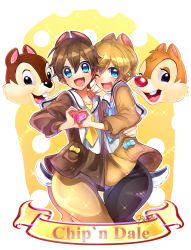 Rule 34 | 2boys, absurdres, animal ears, animification, artist name, bad id, bad pixiv id, blue eyes, brown hair, character name, chip (disney), dale (disney), disney, heart, heart hands, heart hands duo, highres, looking at viewer, maian, maianh, male focus, multiple boys, one eye closed, open mouth, personification, sailor collar, short hair, tail, v, white background