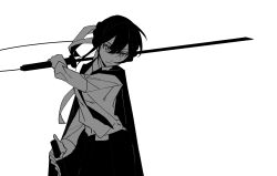 Rule 34 | 1girl, belt, belt buckle, buckle, cape, chinese commentary, closed mouth, collared shirt, commentary request, cowboy shot, dual wielding, hair lift, highres, holding, holding sword, holding weapon, katana, light frown, long hair, long sleeves, looking ahead, low twintails, mole, mole under eye, necktie, original, over shoulder, pants, shirt, simple background, solo, sword, tiankong yiji, twintails, weapon, weapon over shoulder, white background, wind, wind lift