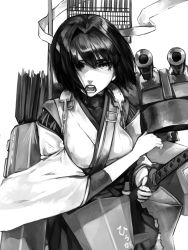 Rule 34 | 1girl, arrow (projectile), breasts, greyscale, hair between eyes, hair over one eye, headband, holding, holding sword, holding weapon, hyuuga (kancolle), hyuuga kai ni (kancolle), japanese clothes, kantai collection, katana, kurou (bcrow), looking at viewer, monochrome, open mouth, quiver, rigging, simple background, solo, sword, undershirt, upper body, weapon, wide sleeves