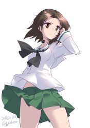 Rule 34 | 1girl, arm behind back, black neckerchief, blouse, brown eyes, brown hair, closed mouth, commentary request, cowboy shot, dated, frown, girls und panzer, gluteal fold, green skirt, hand in own hair, highres, kuzuryuu kennosuke, long sleeves, miniskirt, navel, neckerchief, one-hour drawing challenge, ooarai school uniform, parted bangs, pleated skirt, sawa azusa, school uniform, serafuku, shirt, short hair, simple background, skirt, solo, standing, thighs, throat microphone, twitter username, v-shaped eyes, white background, white shirt, wind