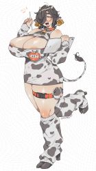 Rule 34 | 1girl, abstract background, absurdres, ahoge, animal ears, animal print, areola slip, arm up, artist name, barcode, bare shoulders, bell, black hair, blush, breasts, cleavage, collar, covered erect nipples, covered navel, cow print, cow tail, cowbell, curvy, ear tag, glasses, grid background, hair over one eye, heart, high heels, highres, holding, holding pen, holding tablet pc, hooves, horns, huge breasts, huge filesize, indie virtual youtuber, leg warmers, long sleeves, looking at viewer, medium hair, muroku-chan (muroku), muroku (aimichiyo0526), neck bell, open mouth, pen, plump, safety pin, semi-rimless eyewear, solo, standing, standing on one leg, stylus, tablet pc, tail, thick eyebrows, thick thighs, thigh strap, thighs, under-rim eyewear, underbust, virtual youtuber, zipper, zipper pull tab