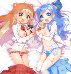 Rule 34 | + +, 10s, 2girls, :3, :d, animal costume, between breasts, blonde hair, blue eyes, blue hair, blue panties, blush, breasts, brown eyes, character doll, clothes pull, commentary request, doma taihei, doma umaru, floral print, garter belt, hairband, hamster costume, himouto! umaru-chan, hood, lingerie, long hair, looking at viewer, lying, medium breasts, minami (apricot tea), multiple girls, navel, nipples, no bra, on side, open clothes, open mouth, open shirt, panties, panty pull, pink panties, plaid, plaid panties, shirt, skirt, skirt pull, smile, symbol-shaped pupils, tachibana alex, tachibana sylphynford, thighhighs, underwear, very long hair, white legwear