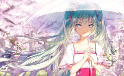 Rule 34 | 1girl, alternate costume, aqua hair, blue eyes, blush, casual, cherry blossoms, closed mouth, collarbone, commentary request, corset, day, floating hair, flower, frilled sleeves, frills, hair ribbon, hatsune miku, holding, holding umbrella, kinokohime, long hair, looking at viewer, outdoors, petals, pink flower, pink lips, pink ribbon, ribbon, shirt, short sleeves, smile, solo, sunlight, transparent, transparent umbrella, tree, twintails, umbrella, upper body, very long hair, vocaloid, white shirt, wind