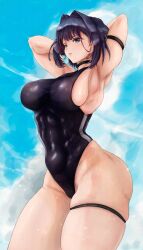 Rule 34 | 1girl, absurdres, alternate costume, arm strap, armpits, arms behind head, arms up, black hair, blue eyes, blue sky, breasts, coat, commentary, covered abs, covered erect nipples, covered navel, day, english commentary, from below, groin, hair intakes, highres, hololive, hololive english, large breasts, looking at viewer, lordmagnuss, narrow waist, ouro kronii, outdoors, perky breasts, short hair, sideboob, sideways glance, skindentation, sky, solo, sweat, thick thighs, thighs, toned, two-sided coat, two-sided fabric, undersized clothes, virtual youtuber, wet, wide hips