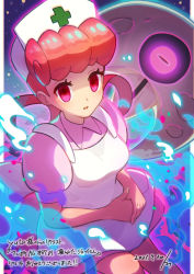 Rule 34 | 1girl, apron, breasts, collared dress, commentary request, creatures (company), dated, dress, energy, eyelashes, game freak, gen 3 pokemon, glowing, glowing eyes, hair rings, hat, highres, joy (pokemon), long hair, lunatone, nintendo, nurse, nurse cap, own hands together, pink dress, pokemon, pokemon (anime), pokemon (creature), pokemon rse (anime), purple eyes, short sleeves, tom (pixiv10026189), translation request, white apron, white headwear
