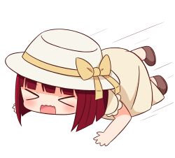 Rule 34 | &gt; &lt;, 1girl, all fours, arima kana, bow, brown bow, brown dress, brown footwear, chibi, closed eyes, dress, full body, hana kazari, hat, hat bow, highres, open mouth, oshi no ko, revision, shoes, short sleeves, solo, sun hat, wavy mouth, white background, white hat