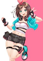Rule 34 | 1girl, absurdres, arm warmers, belt, black shorts, blush, bow, breasts, brown hair, collarbone, commentary request, cowboy shot, crop top, fingerless gloves, gloves, green eyes, green footwear, green jacket, hair between eyes, hairband, headphones, highres, jacket, kizuna ai, kizuna ai (a.i. games), kizuna ai inc., lace, long hair, looking at viewer, medium breasts, misairu, multicolored hair, navel, official alternate costume, open mouth, pink background, pink bow, pink hair, pink hairband, pink ribbon, ribbon, shirt, short shorts, shorts, simple background, sleeveless, sleeveless shirt, smile, solo, standing, streaked hair, swept bangs, thigh strap, two-tone hair, virtual youtuber, white background