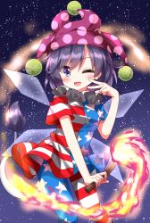 Rule 34 | 1girl, :d, american flag dress, american flag legwear, american flag shirt, blush, breasts, clownpiece, clownpiece (cosplay), commentary request, cosplay, doremy sweet, dress, fairy wings, grey eyes, grey hair, hat, highres, holding, holding torch, jester cap, leggings, neck ruff, night, night sky, one eye closed, open mouth, pantyhose, polka dot, polka dot headwear, purple hat, ruu (tksymkw), short hair, sky, small breasts, smile, solo, star (sky), star (symbol), star print, striped clothes, striped dress, striped pantyhose, tail, tapir tail, torch, touhou, v, wings