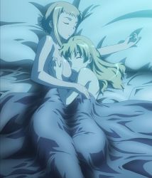 Rule 34 | 2girls, back, bare shoulders, bed, bed sheet, blonde hair, grabbing another&#039;s breast, breast pillow, breasts, closed eyes, covering privates, elina (queen&#039;s blade), female focus, grabbing, happy, highres, hug, incest, leina (queen&#039;s blade), long hair, lying, multiple girls, nude, nude cover, on side, pillow, queen&#039;s blade, screencap, siblings, sisters, sleeping, smile, subtext, under covers, yuri