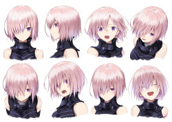 Rule 34 | 1girl, absurdres, blush, closed eyes, expressions, fate/grand order, fate (series), from side, hair between eyes, hair over one eye, highres, laika (sputnik2nd), looking at viewer, mash kyrielight, multiple views, open mouth, pink hair, portrait, purple eyes, short hair, simple background, sleeveless, smile, v-shaped eyebrows, white background