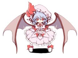 Rule 34 | 1girl, bat wings, blue hair, female focus, full body, hat, highres, red eyes, remilia scarlet, shishigami (sunagimo), short hair, simple background, solo, touhou, wings, wrist cuffs