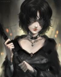 Rule 34 | 1girl, bandages, black dress, black hair, choker, commentary, demon&#039;s souls, dress, english commentary, highres, jewelry, lips, maiden in black, necklace, no eyes, nose, pale skin, ragecndy, short hair, solo, staff, upper body