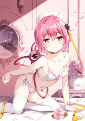 Rule 34 | 1girl, bare arms, bare shoulders, blush, bra, breasts, collarbone, commentary request, feet out of frame, flower, hair between eyes, hair ornament, heart, heart hair ornament, indoors, kneeling, komeiji koishi, komeiji satori, looking at viewer, maid headdress, mirror, miyase mahiro, navel, panties, petals, picture frame, pink eyes, pink flower, pink hair, pink ribbon, pink rose, ribbon, rose, rose petals, short hair, side-tie panties, small breasts, solo, stomach, thighhighs, thighs, touhou, underwear, underwear only, vase, white bra, white panties, white thighhighs, wrist ribbon