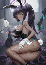 Rule 34 | 1girl, :o, absurdres, ahoge, animal ears, anti-materiel rifle, arm tattoo, ass, bare arms, bare shoulders, black hair, black leotard, blue archive, blush, breasts, broken glass, dark-skinned female, dark skin, fake animal ears, feet out of frame, fishnet pantyhose, fishnets, glass, gloves, gonggo, gradient hair, gun, hand on own chest, hand on own thigh, highres, karin (blue archive), karin (bunny) (blue archive), large breasts, legs, leotard, long hair, looking at viewer, lying, multicolored hair, number tattoo, official alternate costume, on floor, on side, open mouth, pantyhose, playboy bunny, ponytail, purple hair, rabbit, rabbit ears, rifle, shell casing, shiny clothes, shiny skin, side-tie leotard, sideboob, sidelocks, sniper rifle, solo, strapless, strapless leotard, sweat, tattoo, thighs, tile floor, tiles, very long hair, weapon, white gloves, white wrist cuffs, wide hips, window, wrist cuffs, yellow eyes