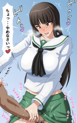 Rule 34 | 1boy, 1girl, black eyes, black hair, black neckerchief, blue background, blush, bouncing breasts, breasts, collarbone, cross, fingering, forced, forced orgasm, girls und panzer, green skirt, groin, highres, jewelry, large breasts, long hair, mature female, metal man10, midriff peek, neckerchief, nishizumi shiho, ooarai school uniform, open mouth, pussy juice, ring, school uniform, simple background, skirt, speech bubble, sweat, teeth, translated, upper teeth only, wedding band