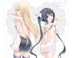 Rule 34 | 10s, 2girls, :d, aiz wallenstein, arm at side, arm ribbon, arm up, ass, backless dress, backless outfit, bare arms, bare back, bare legs, black hair, blonde hair, blue eyes, blue legwear, blush, breasts, closed mouth, dress, dungeon ni deai wo motomeru no wa machigatteiru darou ka, expressionless, female focus, from behind, gloves, hair between eyes, hair ornament, hair ribbon, heart, hestia (danmachi), komeshiro kasu, large breasts, legs, long hair, looking at viewer, looking back, matching hair/eyes, medium breasts, multicolored clothes, multicolored dress, multiple girls, open mouth, pleated dress, rei no himo, ribbon, serious, short dress, sideboob, smile, standing, sword oratoria, thighhighs, twintails, white dress, white gloves, yellow eyes