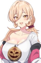 Rule 34 | 1girl, blonde hair, blush, breasts, cleavage, fang, hair between eyes, hair ornament, hair scrunchie, highres, jack-o&#039;-lantern, keikesu, large breasts, long hair, looking at viewer, low ponytail, nijisanji, no bra, nui sociere, nui sociere (2nd costume), off shoulder, open mouth, red scrunchie, scrunchie, simple background, skin fang, smile, solo, very long hair, virtual youtuber, white background, yellow eyes
