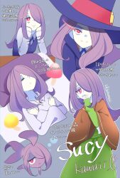 Rule 34 | 1girl, absurdres, animalization, bright pupils, character name, closed eyes, collared shirt, commentary request, dress, fish, green dress, hair over one eye, hat, highres, little witch academia, long hair, looking at viewer, luna nova school uniform, mijukuma, pale skin, purple hair, red eyes, robe, school uniform, shirt, sleeping, smug, solo, sucy manbavaran, translation request, vest, white pupils, witch, witch hat